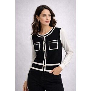 Women Black White Cardigan Pearl Buttons Contrast Trim Knit Elegant Classic
